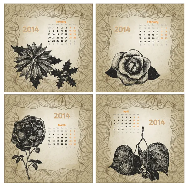 Vintage-Stil 2014 Jahresvektorkalender. Handgezeichnete Tuscheblumen. — Stockvektor