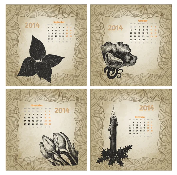 Vintage style 2014 year vector calendar. Hand drawn ink flowers. — Stock Vector