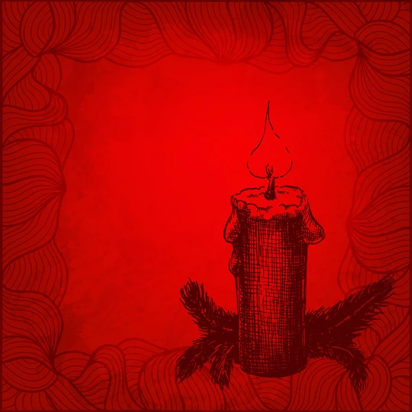 Cartão vetorial vermelho de Natal com vela desenhada à mão e abeto ne — Vetor de Stock