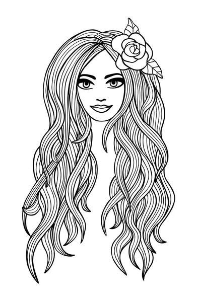 Hermosa chica de pelo largo esquema de dibujo. Ilustración vectorial — Archivo Imágenes Vectoriales