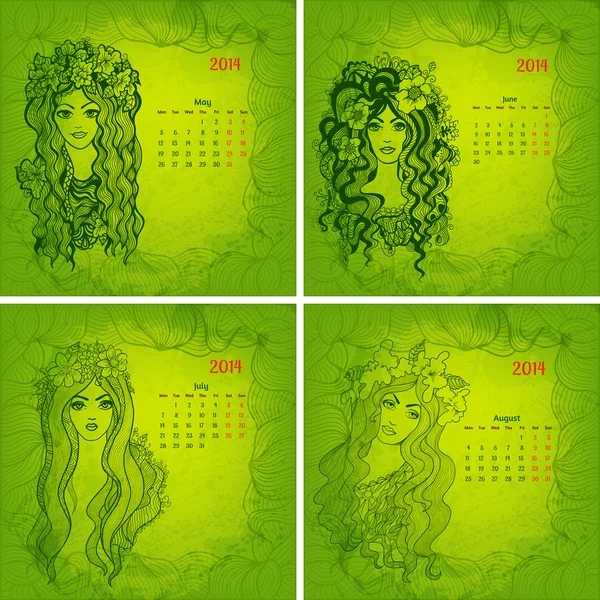 Coloridos calendarios vectoriales para 2014 año. Hermosas chicas serie . — Vector de stock