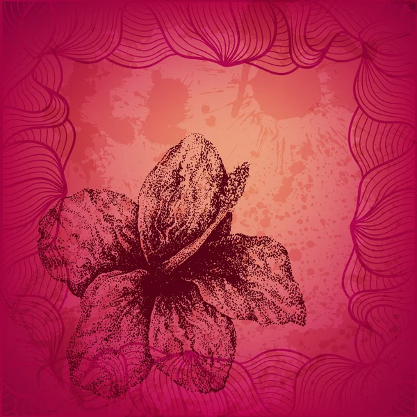 Mooie hand getekend gestippelde inkt hibiscus bloem vector kaart — Stockvector