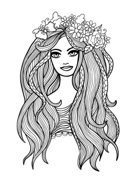 siyah-beyaz anahat vektör uzun saçlı kız