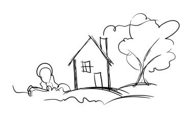 köy evi ve ağaç beyaz siyah vektör kroki