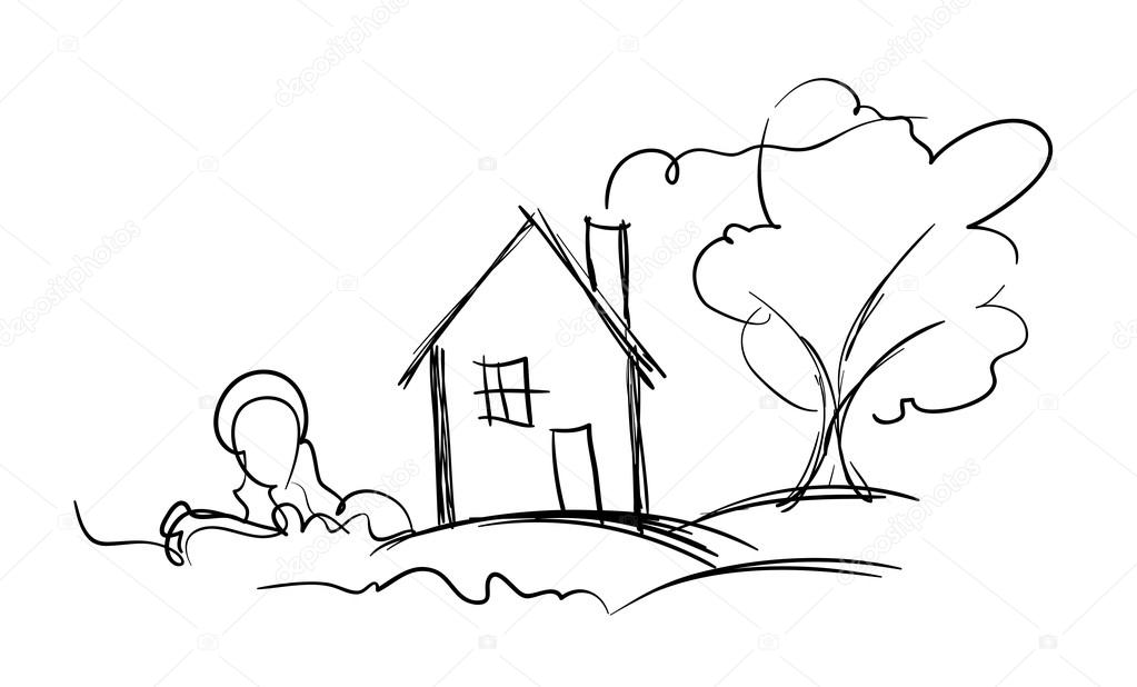 Black and white vector sketch of village house and tree