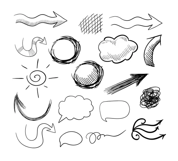 Conjunto vectorial de flechas de garabato dibujadas a mano, burbujas de habla, etc. . — Archivo Imágenes Vectoriales