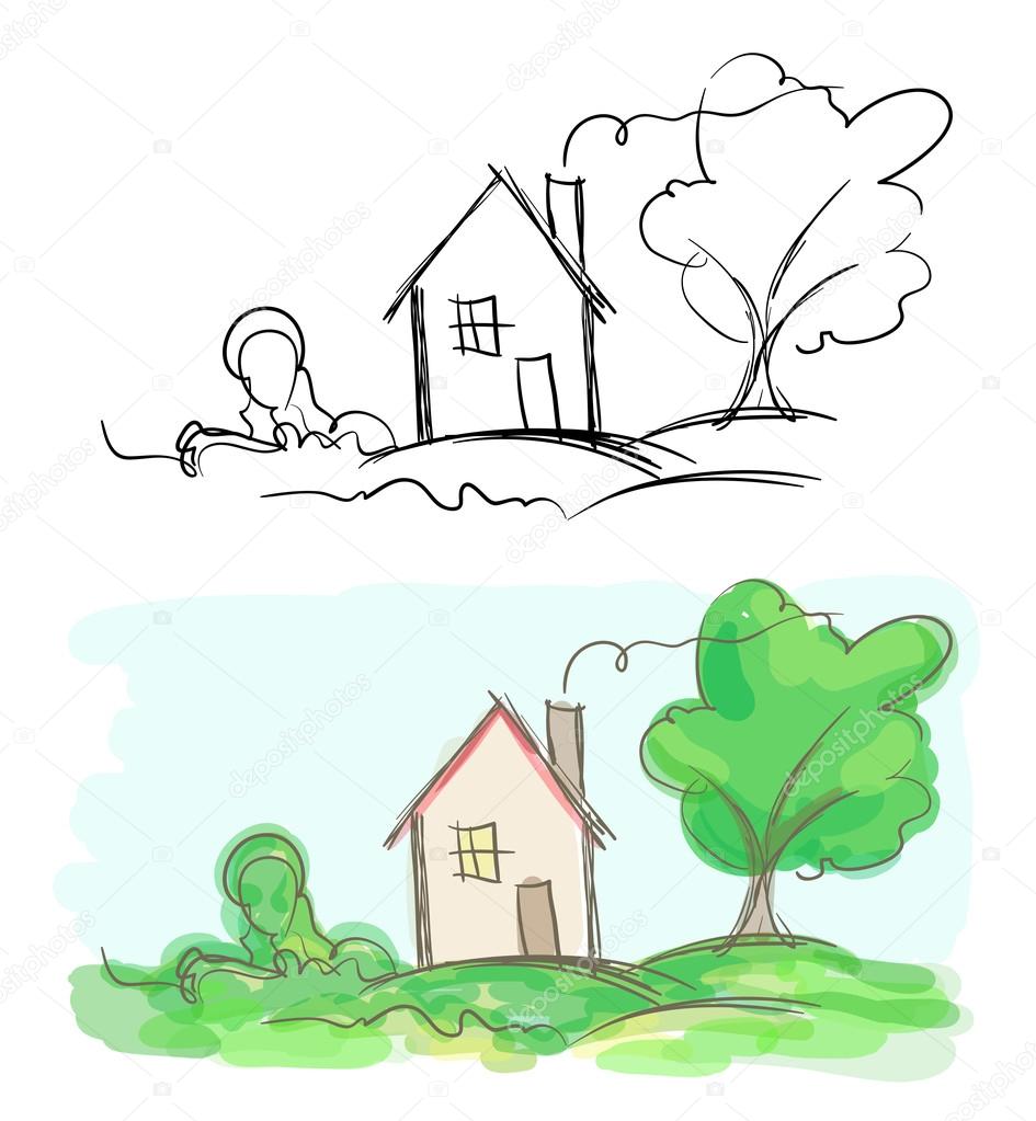 Vector sketches of village house and tree. Black and white and c