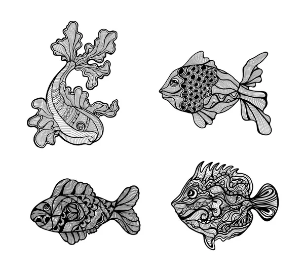 Set of decorative artistic black and white fish drawings — Stock Vector
