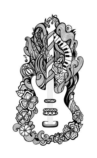 Vettore stilizzato decorativo disegnato a mano chitarra e fiori Grafiche Vettoriali