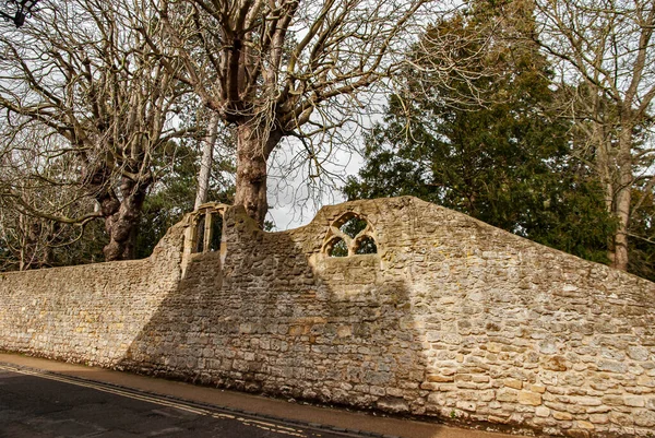 Gammal Sten Traditionell Brittisk Trädgård Vägg Landet Stad Närbild — Stockfoto