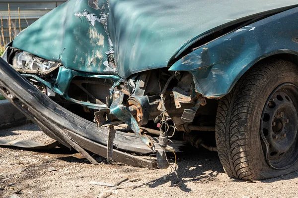 Front Detail Crashed Crushed Car Closeup — стоковое фото