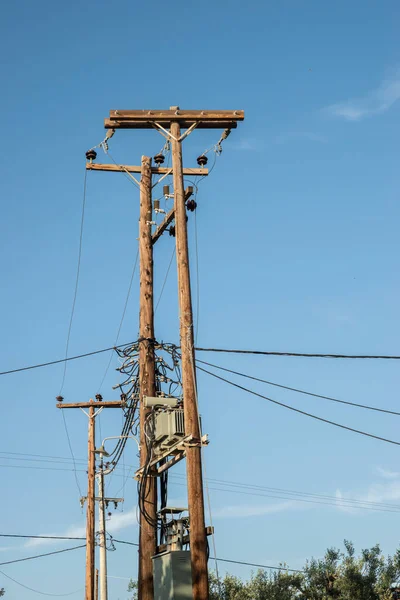 External Transformer Wooden Poles Connected Electric Energy Blue Sky Background — ストック写真