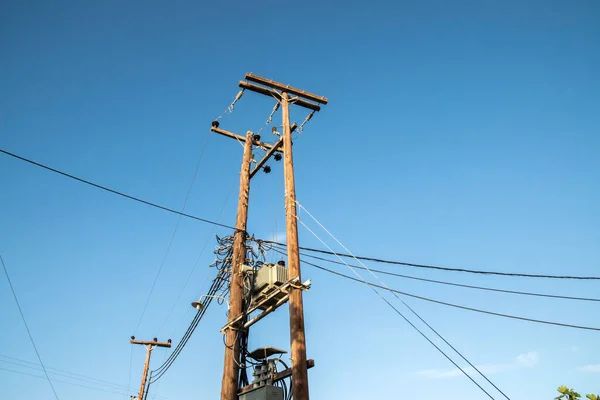 External Transformer Wooden Poles Connected Electric Energy Blue Sky Background — 图库照片