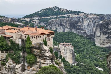 Landscape with monastery and giant steep rocks in the area of Meteora, Greece