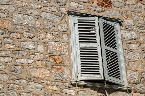 Wooden Window Shutters Old Stone House Closeup —  Fotos de Stock