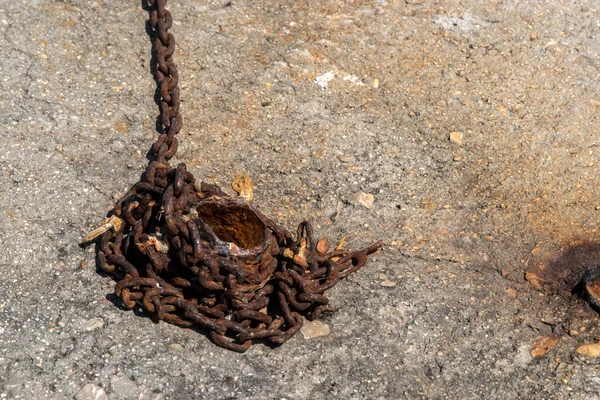 Old Weathered Rusty Iron Chain Closeup Concrete Surface — стоковое фото