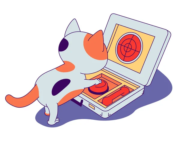 核のスーツケースとかわいい猫 三色の猫は核ボタンを含むオープンブリーフケースで遊んでいます ロイヤリティフリーストックベクター