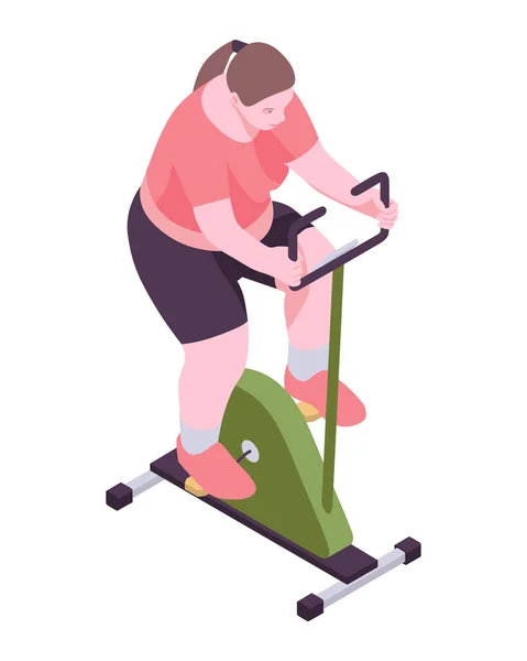 等位ビューで静止自転車を持つ女性 体重を減らすために運動自転車で運動する太った女性 — ストックベクタ