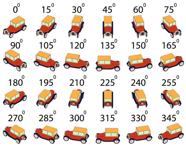 異なる角度から24台のレトロな車のセット アニメーションのためのアウトライン15度でヴィンテージ車の回転 ベクターグラフィックス