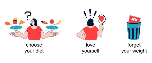 Set Conceptual Illustrations Excess Weight Overweight Woman Tries Love Her — ストックベクタ