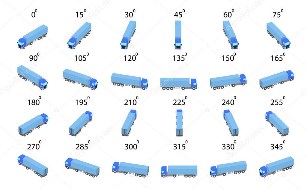 A set of 24 semi-trailer trucks from different angles. Rotation of the truck by 15 degrees for animation and video games.  