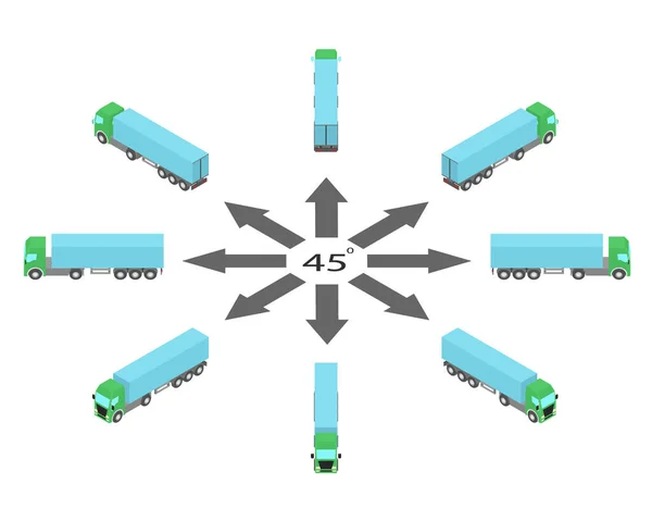 Rotation Blue Semi Trailer Truck Degrees Truck Different Angles Isometric Royaltyfria Stockvektorer