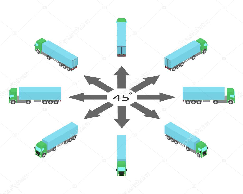 Rotation of blue semi-trailer truck by 45 degrees. Truck in different angles in isometric view.