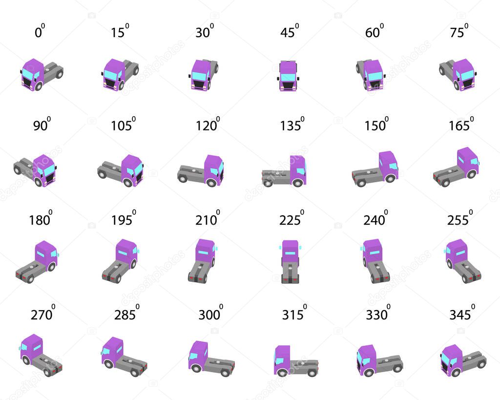 Set of 24 trucks without semi-trailer from different angles. Rotation of the tractor unit by 15 degrees for animation and video games.  