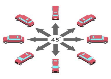 Rotation of pink limousine by 45 degrees. Car stretch in different angles in isometric view.