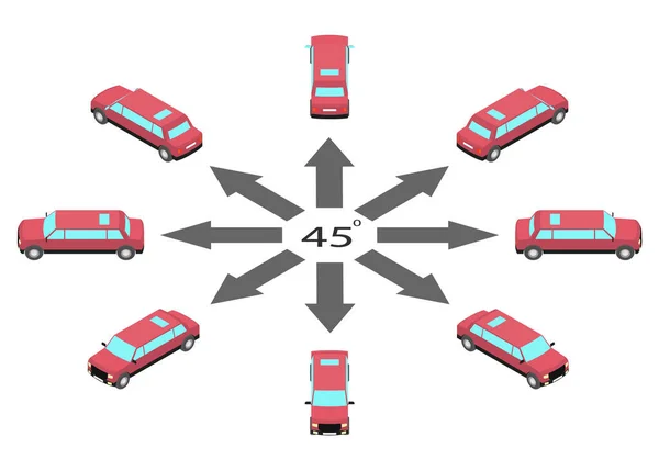 Rotation Pink Limousine Degrees Car Stretch Different Angles Isometric View — Stockvektor
