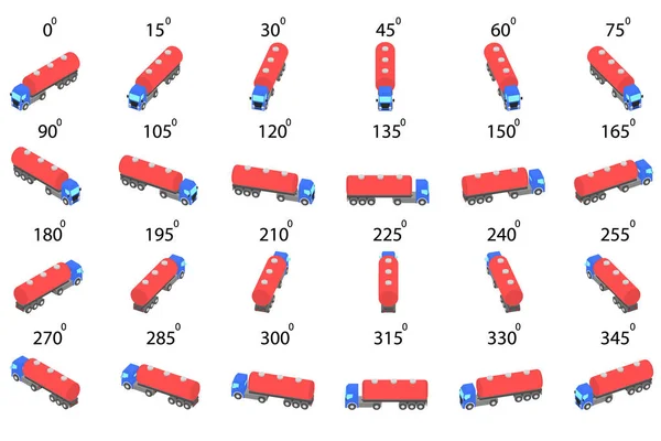 異なる角度から24台の燃料トラックのセット アニメーションやビデオゲームのための15度でタンクトラックの回転 ベクターグラフィックス