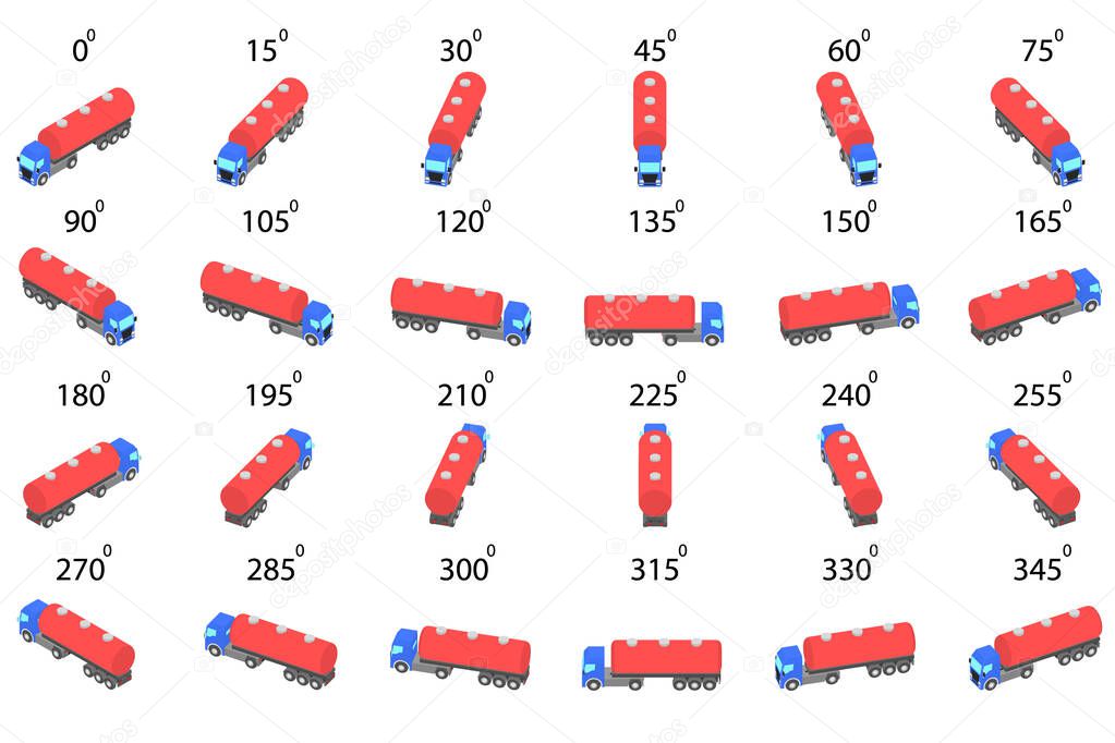 A set of 24 fuel trucks from different angles. Rotation of the tank truck by 15 degrees for animation and video games.  