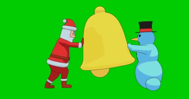 サンタクロースと雪だるまは大きな鐘を使っています サンタクロースと雪だるまが巨大な鐘を鳴らすアニメーション — ストック動画