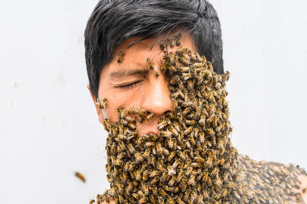 Mannengezicht bedekt door bijen. — Stockfoto