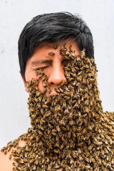 Mans visage couvert d'abeilles. Photos De Stock Libres De Droits