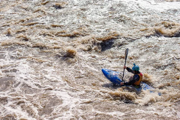 Difficult Section River Overcome Man Kayak Fighting Nature Testing Oneself — Stock Photo, Image