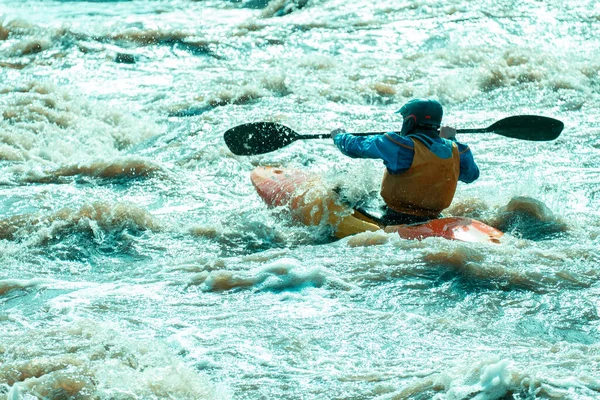 Man Kayak Overcomes Waves Mountain River Brave Athlete Extreme Sport — Stock Photo, Image