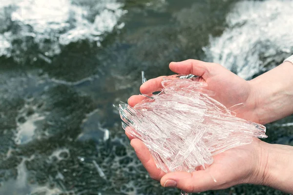 Shards Ice Reservoir Woman Palms Cold Chunks Ice Your Hands — Stock Photo, Image