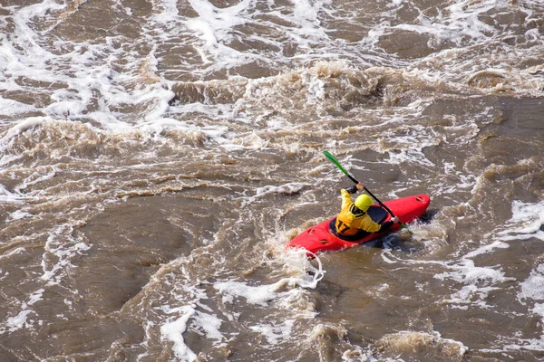 Top View Kayak Man Who Rowing River All His Might — Stock Photo, Image