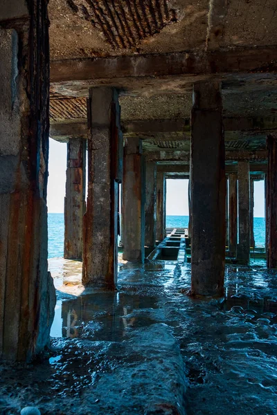 Old Piles Which Pier Rests Sea Water Has Destroyed Base — 스톡 사진