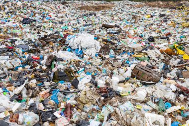 Verkhnie-Sergi, Rusya - 02 Mayıs 2021 doğada gökyüzünün altında ev atıkları. İlkbaharda kuru çimlerde bir sürü çöp ve plastik. Doğanın kirliliği sorunu.