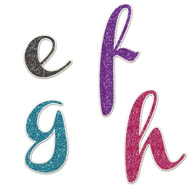 e, f, g & h glitter script küçük harf