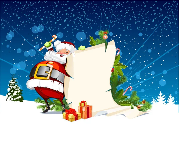 Santa claus innehar en rulle av gåva — Stock vektor