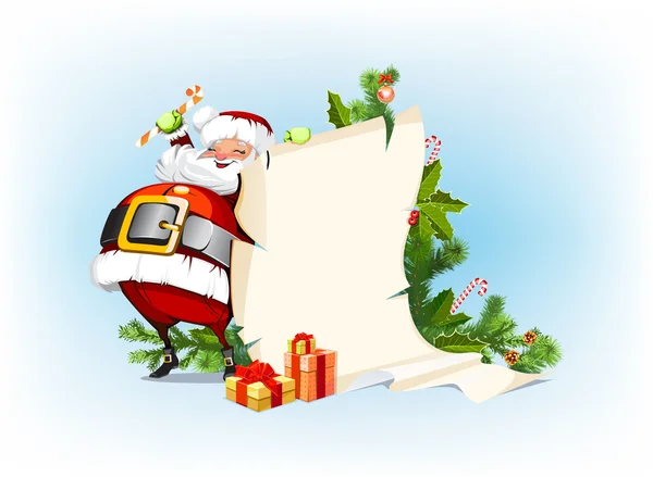 Санта-Клаус держит в руках свечку и стоит рядом со свитком для gif — стоковый вектор