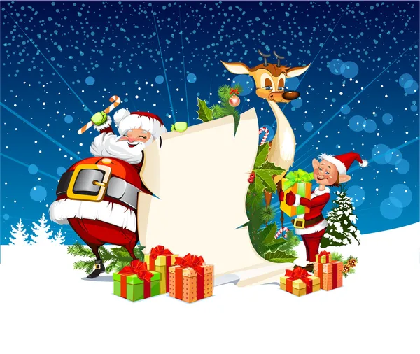Weihnachtskarte mit Weihnachtsmann-Rentieren und Elfen — Stockvektor