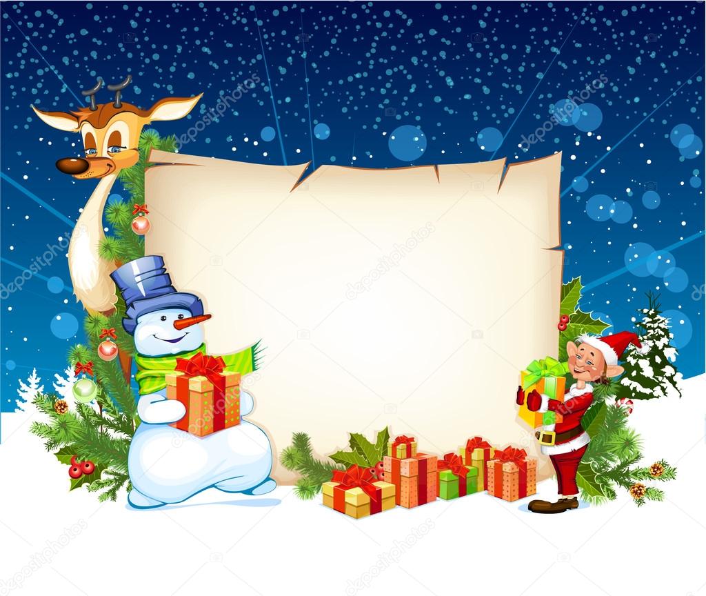 Christmas card with a snowman reindeer and an elf