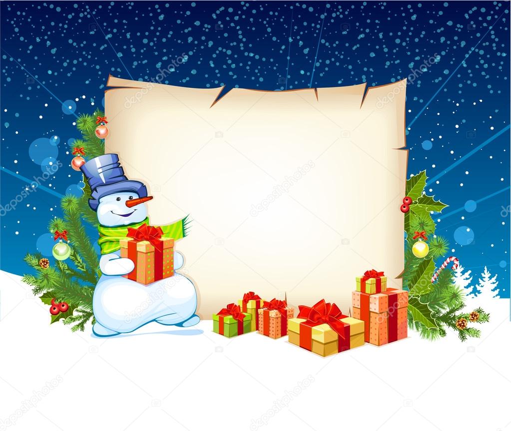 illustration of snowman with empty blank on horizontal backgroun