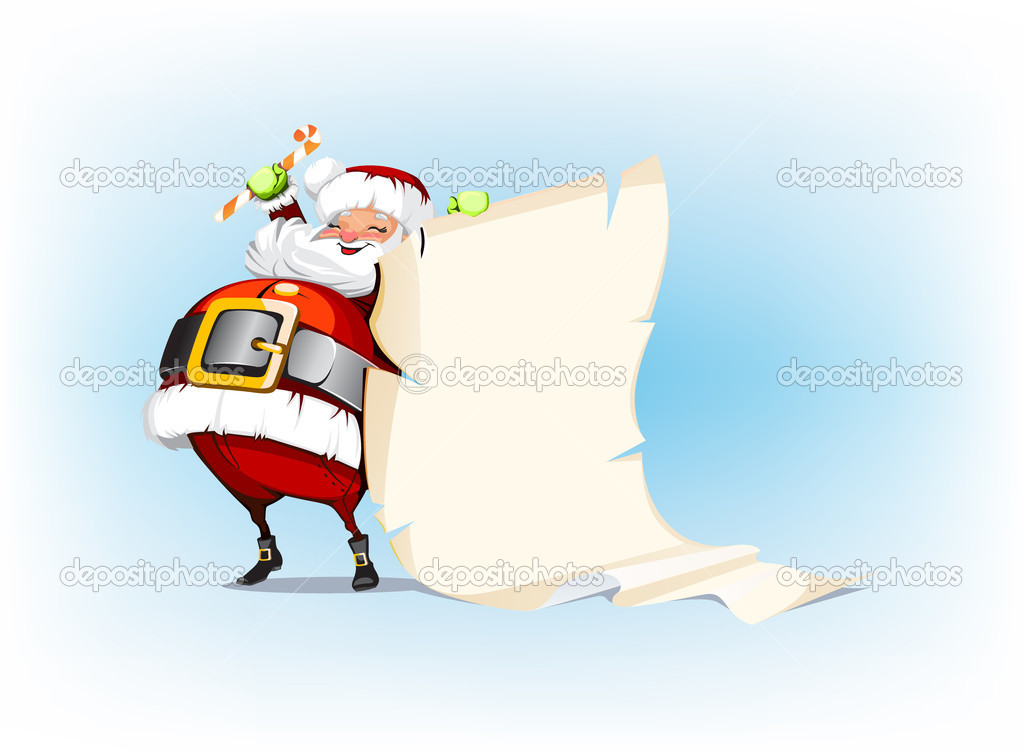 Santa Claus holding candy and standing beside scroll