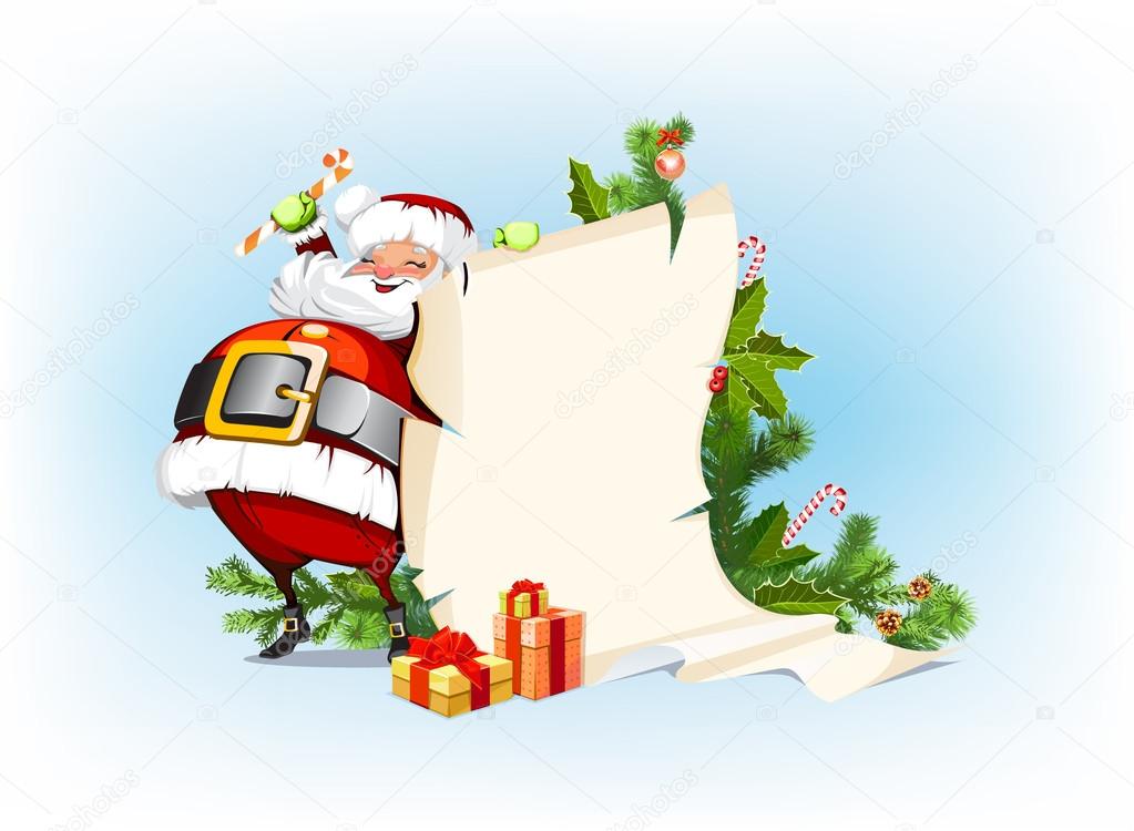Santa Claus holding candy and standing beside the scroll for gif