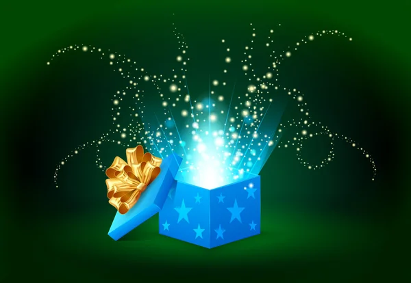 Hermosa luz mágica que brilla de una caja de regalo azul — Vector de stock